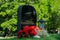 Black gravestone with red and white flowers