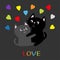 Black Gray Cat hugging couple family. Rainbow color hearts Hug, embrace, cuddle. Love Greeting card. Cute funny cartoon character.
