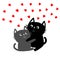 Black Gray Cat hugging couple family. Red hearts Hug, embrace, cuddle. Happy Valentines day Greeting card. Cute funny cartoon char