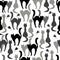 Black and gray cats and mouse silhouettes, seamless pattern. Vector background