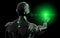 Black and green intelligent robot cyborg pointing finger on dark 3D rendering