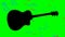 Black guitar silhouette and flying colored musical notes in the background of musical instrument. Animation on green