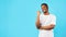 Black Guy Pointing Thumb Aside At Blank Space, Blue Background