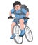 Black haired boy with a serious facial expression, dressed in blue clothes with a big black backpack riding his bike