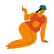 A black-haired plump woman in red swimsuit sunbathing on a beach. Vector illustration in flat cartoon style