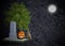 Black halloween background grave moon owl pumpkin