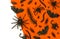 Black Halloween creepy crawly bugs and spiders on orange background with blank white space for text