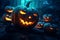 Black halloween pumkins, jack o\\\'lantern creepy smile in the forest, happy halloween realistic 3d illustration. Generative AI
