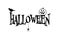 Black Halloween text on white background with spider, pumpkin, crow