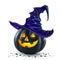 Black Halloween vector pumpkin with orange light inside wearing in dark blue witch hat