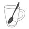 Black hand drawing illustration of a glass transparent empty cup for hot tea or coffee with a gray spoon isolated on a