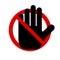 Black hand in a red circle backslash symbol. Stop sign push icon. No symbol isolated on white. Vector illustration