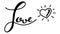 Black handdrawing in word love with heart symbol on white background