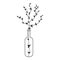 Black handdrawn branch with small leaves in a bottle