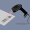 Black handheld barcode scanner scanning bar code