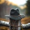 Black hat perched elegantly on a classic wooden fence post