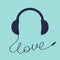 Black headphones earphones with cord plug and word Love. Music banner. Headset icon. Headphone speaker. Greeting Card. Flat design