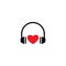 Black headphones with red heart icon. Flat vector earphones isolated on white