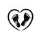 Black heart with footprints vector silhouette.