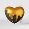 Black heart with golden paint splash glossy glaze 3d rendering. Valentines day Black friday advertising design element.