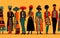 Black History Month graphic poster. Flat pattern for tribal style clothes. African people in traditional costumes. AI Generative