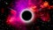 Black Hole Moving In Space, Abstract Neon Glowing Rays With Super Big Black Hole In Galaxy With Nebula. Si-fi Background.