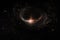 black hole, surrounded by glowing ring of light, against starry night sky