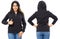 Black hoodie on a young black woman in jeans, front and back, isolated, mockup. Female hoodie show like sign isolated