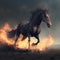 A black horse engulfed in flames gallops across the scorched earth