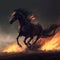 A black horse engulfed in flames gallops across the scorched earth