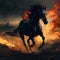 A black horse engulfed in flames gallops across the scorched earth