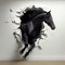 Black horse jumps out of a hole in a white wall, an unusual