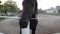 A black horse stands in a paddock against the backdrop of a stable on an autumn evening.