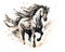 black horse watercolor outline tattoo design with white background Arabic letters.