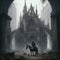 Black Horseman in the ruins of a gloomy Gothic city