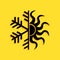 Black Hot and cold symbol. Sun and snowflake icon isolated on yellow background. Winter and summer symbol. Long shadow