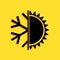 Black Hot and cold symbol. Sun and snowflake icon isolated on yellow background. Winter and summer symbol. Long shadow style.