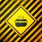 Black Hotdog sandwich with mustard icon isolated on yellow background. Sausage icon. Fast food sign. Warning sign