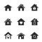 Black houses silhouettes. House icons, smart home service. Web homepage buttons, security locations and residential