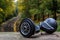 Black hoverboard against the background of railroad rails