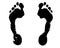 Black human footprint white background isolated closeup, barefoot person foot print pattern illustration, footstep silhouette mark
