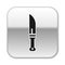 Black Hunter knife icon isolated on white background. Army knife. Silver square button. Vector