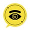 Black Hypnosis icon isolated on white background. Human eye with spiral hypnotic iris. Yellow speech bubble symbol