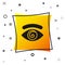 Black Hypnosis icon isolated on white background. Human eye with spiral hypnotic iris. Yellow square button. Vector