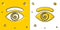 Black Hypnosis icon isolated on yellow and white background. Human eye with spiral hypnotic iris. Random dynamic shapes