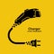 Black icon silhouette electric car charger isolated on yellow background