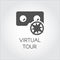 Black icon of virtual tour in flat style. Concept of virtual reality games, presentation, digital technologies