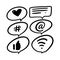 Black icons hashtag, like, mail, text symbol set. Social media and web communicate sign. Flat vector illustration.