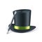 Black illusionist hat with green ribbon and magic stick. Vector illustration
