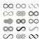 Black infinity symbols. Line infinite symbol, eternity swirl sign. Isolated mobius loop icons, line endless elements for